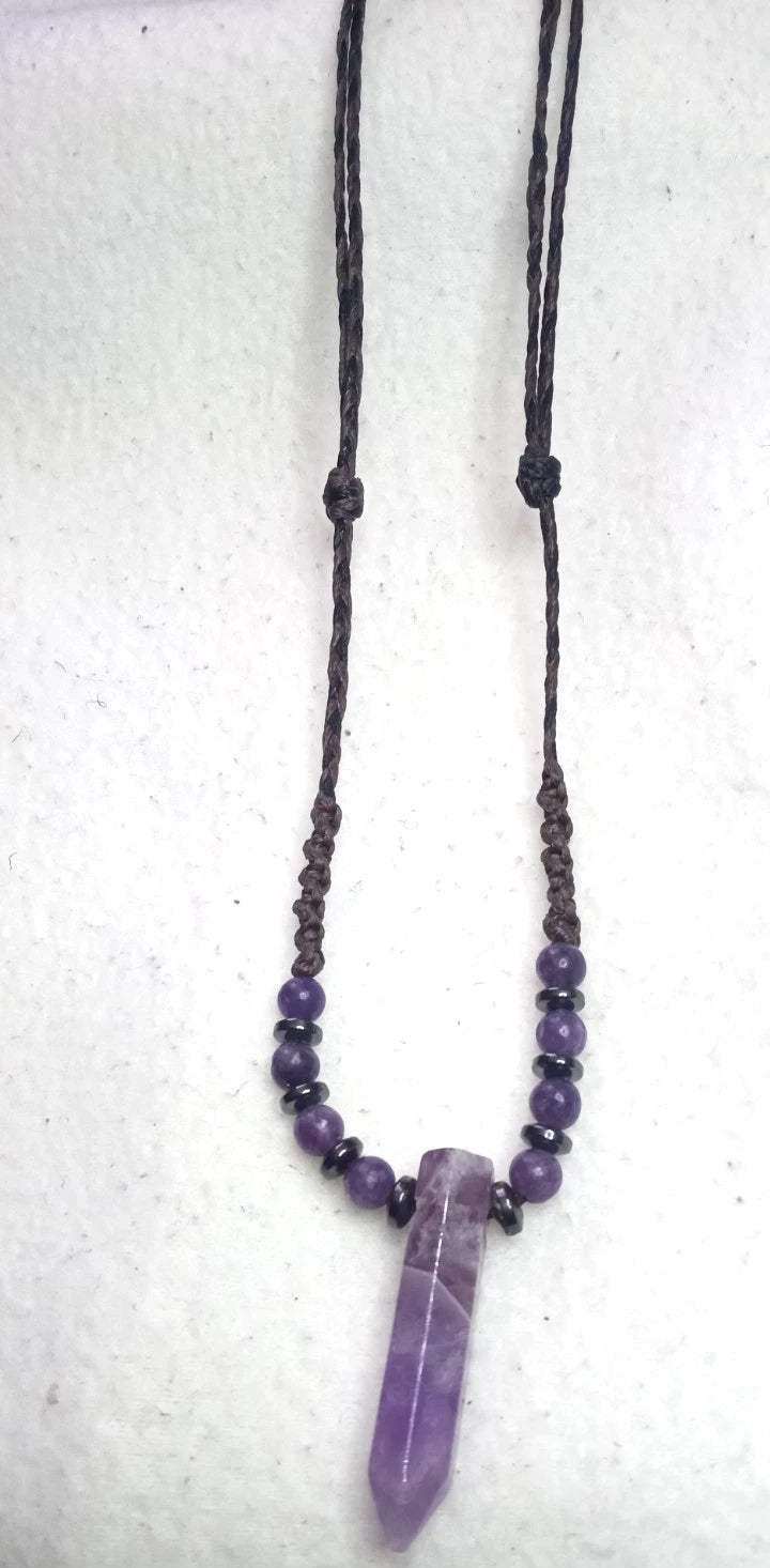 Purple stone point cord necklace - worn view