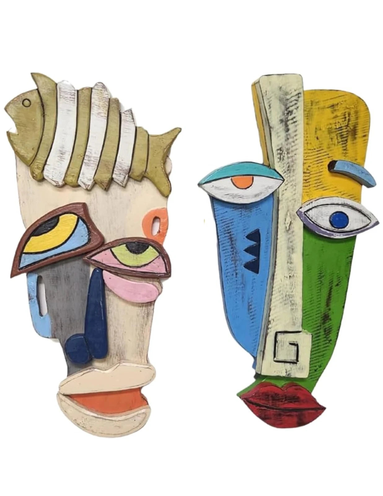 Set of two abstract wooden wall masks - front view