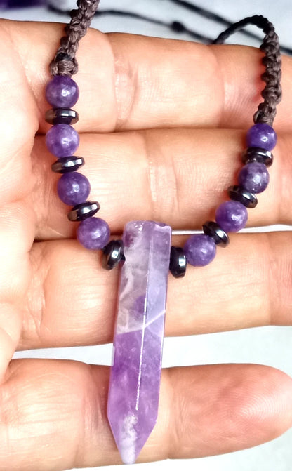 Purple stone point cord necklace - front view