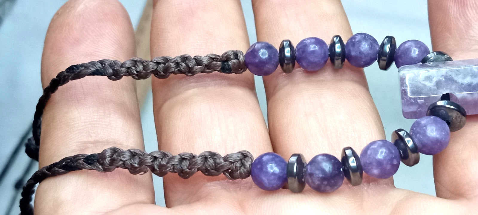 Purple stone point cord necklace - full length view