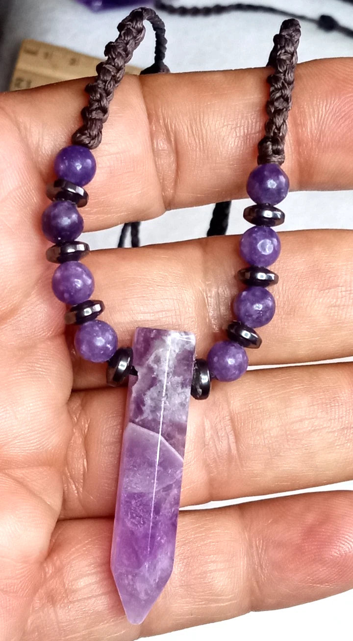 Purple stone point cord necklace - pendant detail