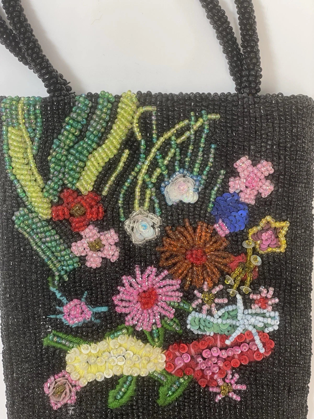 Black beaded floral tote bag - front view