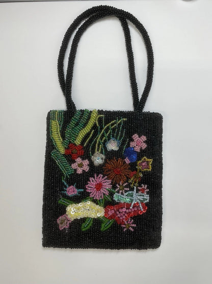 Black beaded floral tote bag - side view