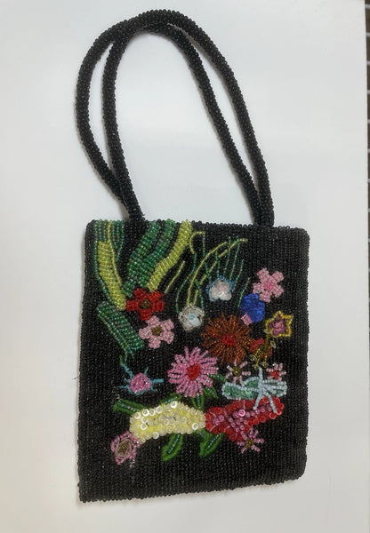 Black beaded floral tote bag - detail view