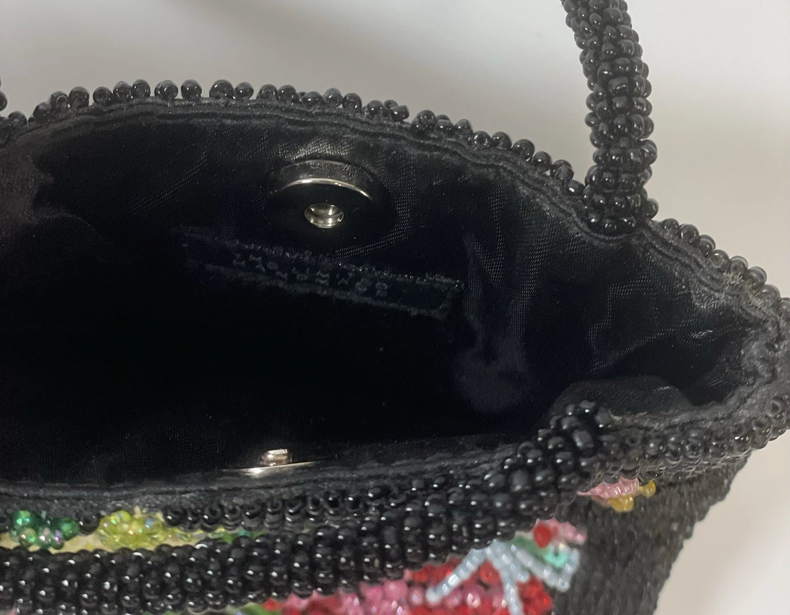 Black beaded floral tote bag - open view