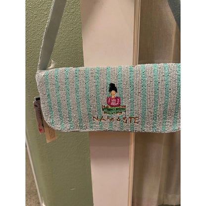 Mint green yoga beaded crossbody clutch bag - back view
