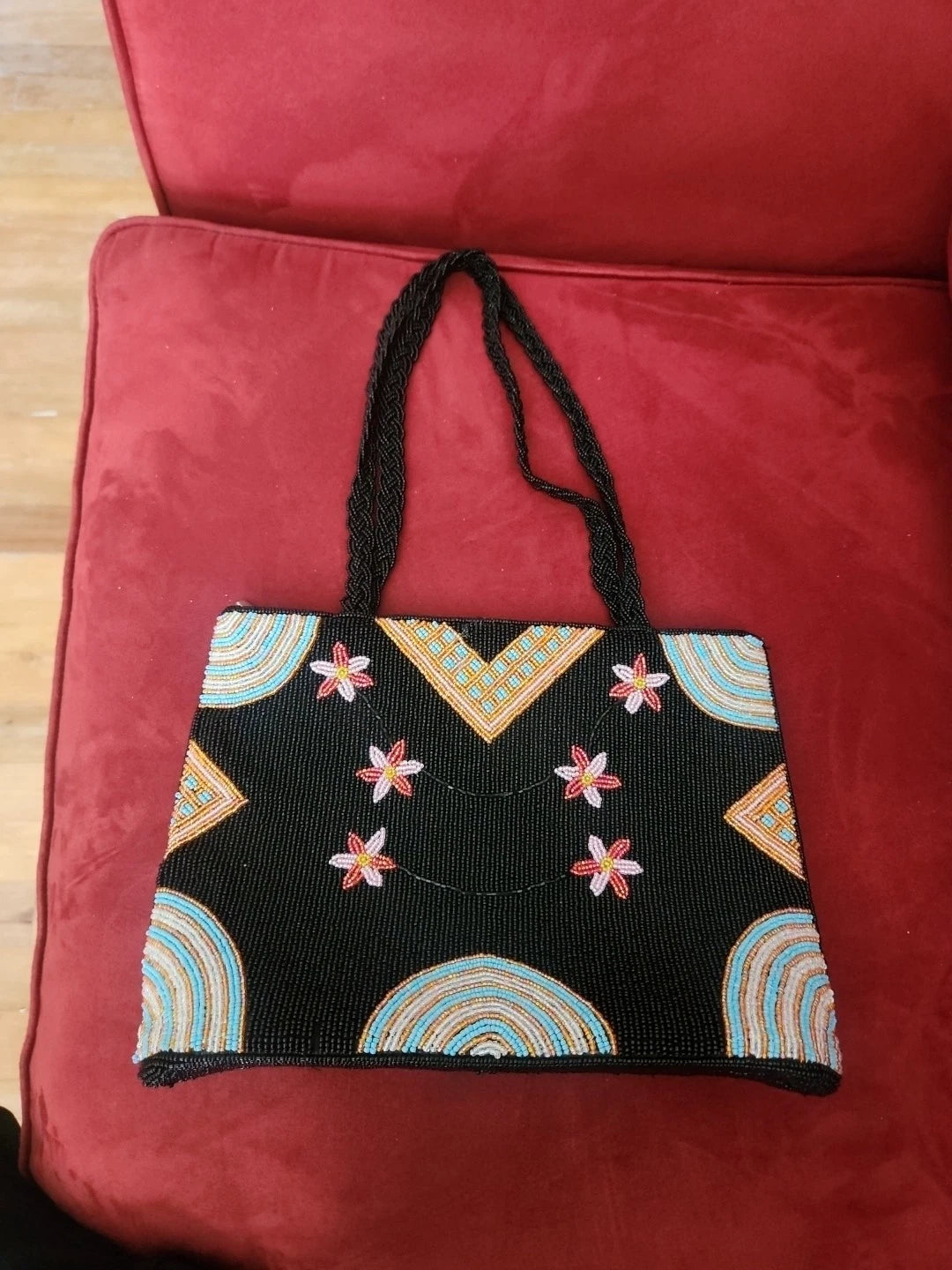 Multicolor floral geometric beaded tote bag - front view