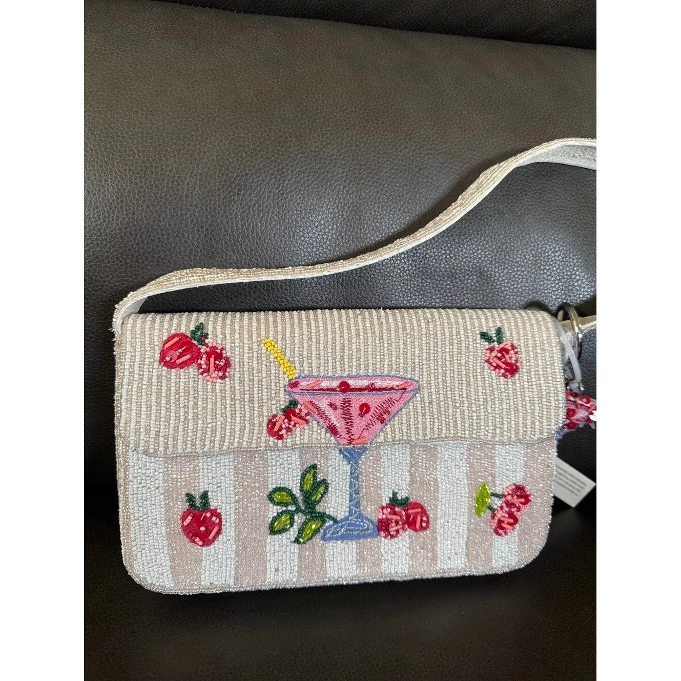 White beaded strawberry glass crossbody bag - front view