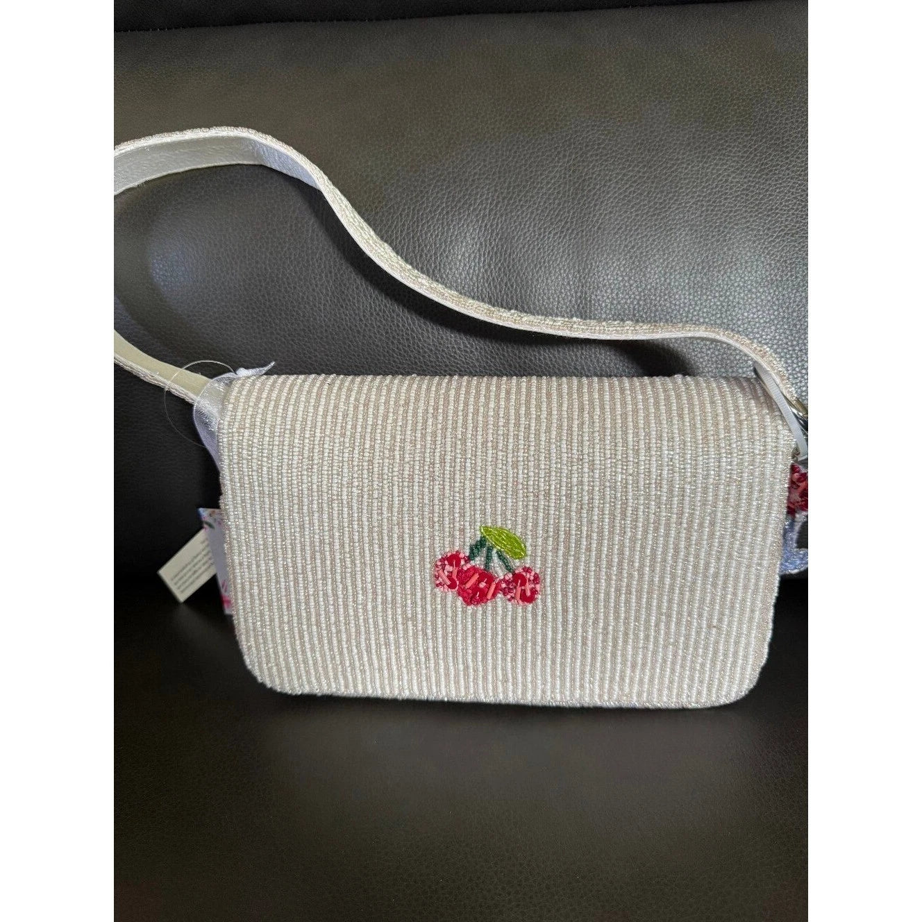 White beaded strawberry glass crossbody bag - side view